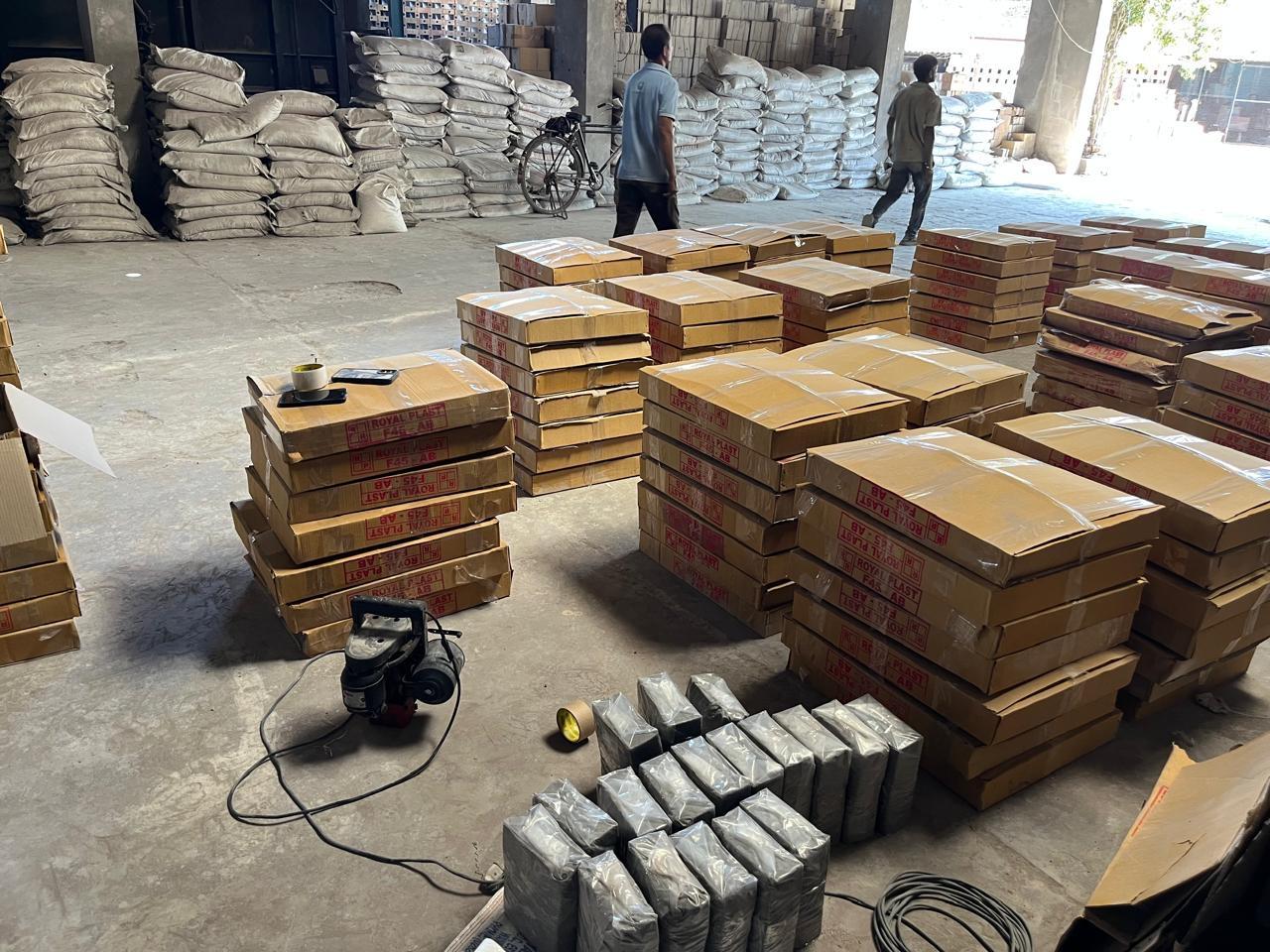 Stacks of packed plastic refractory cartons and bags prepared for export dispatch